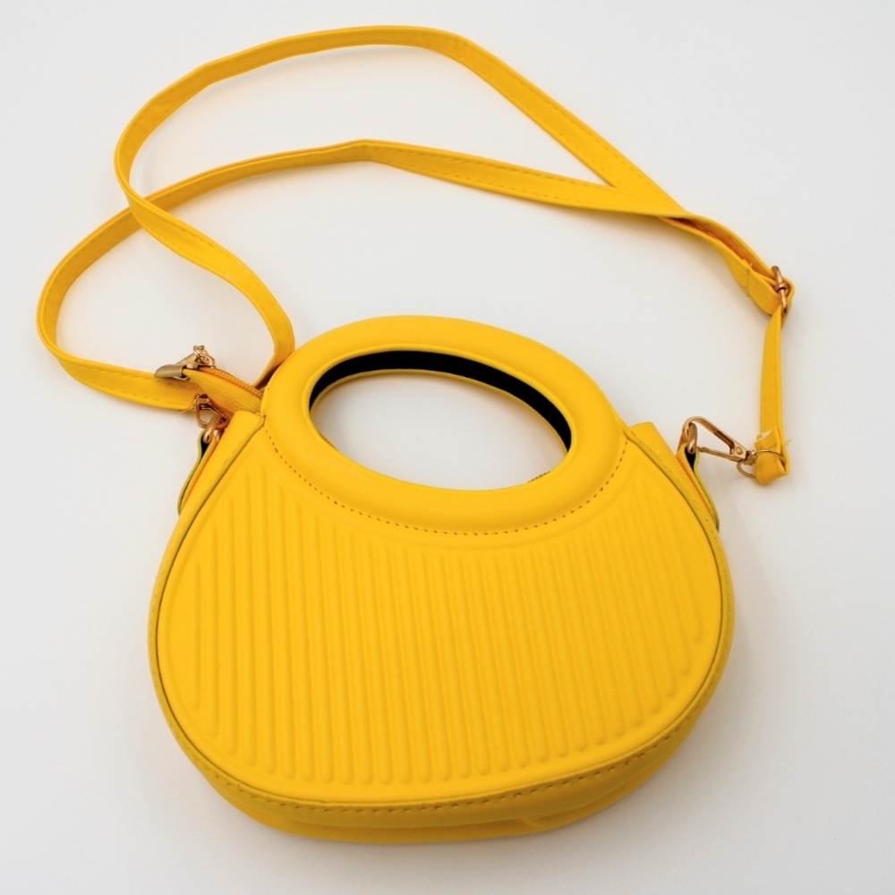 Yellow Ribbed Crescent Crossbody Bag with Detachable Strap - Picture 2 of 5